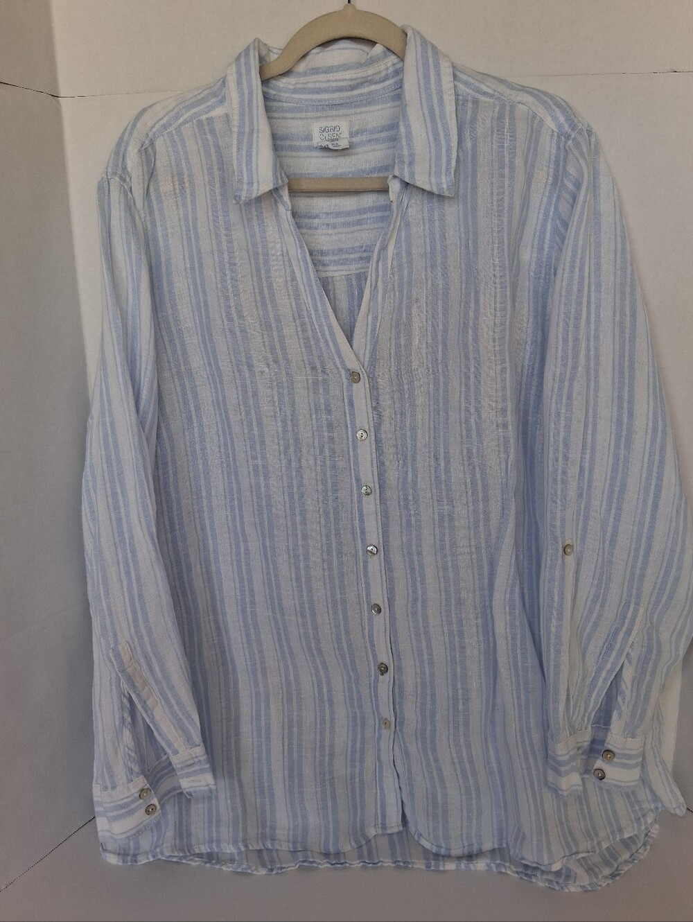 Sigrid Olsen Blue & White Striped Linen Button Shirt